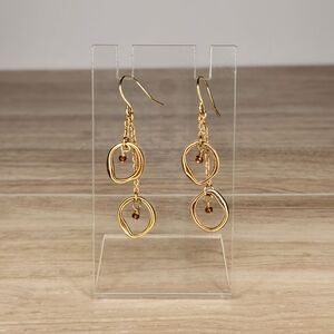 VINTAGE RARE Gold Double Abstract Hoop and Brown Seed Bead Dangle Earrings